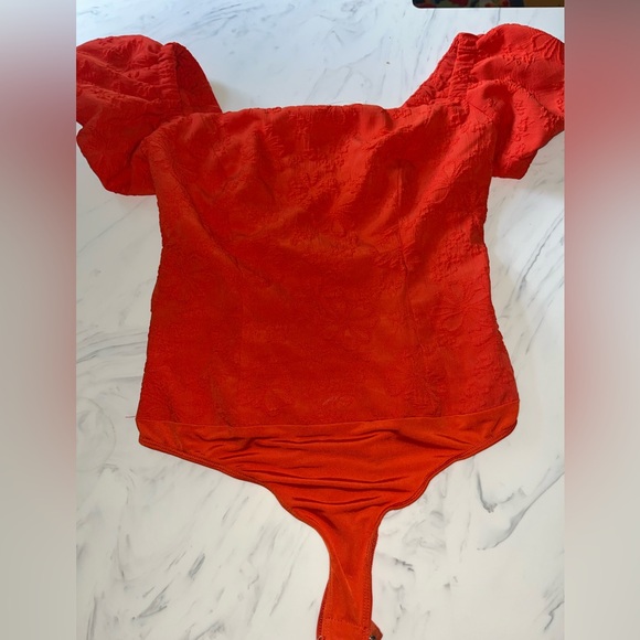Astr Tops - Astr the label orange Floral thong bodysuit Blouse top shirt s poof sleeve